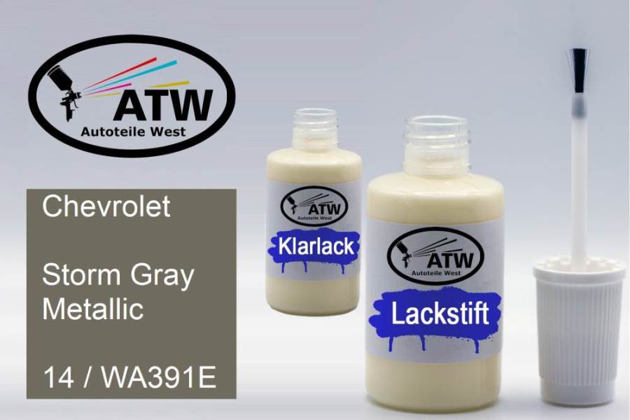 Chevrolet, Storm Gray Metallic, 14 / WA391E: 20ml Lackstift + 20ml Klarlack - Set, von ATW Autoteile West.